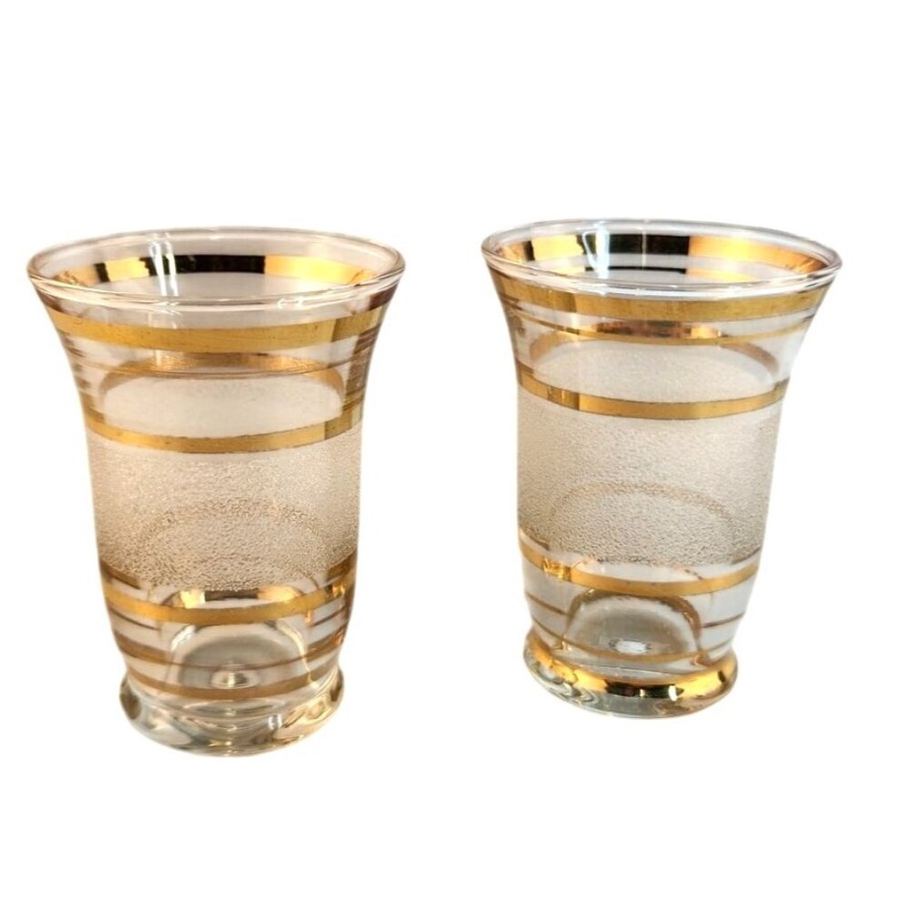 Mid-Century Modern Set Of 2 Frosted Glasses With Gold Stripes 3.25" Tall x 2.25"
